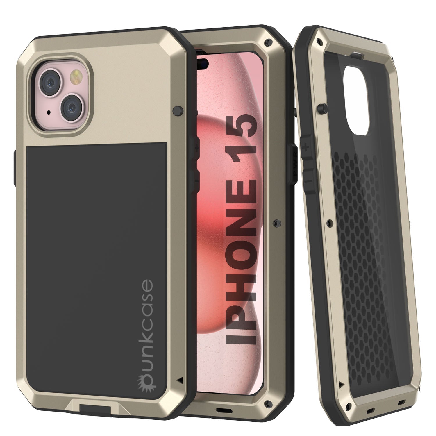 iPhone 15 Metal Case, Heavy Duty Military Grade Armor Cover [shock proof] Full Body Hard [Gold]