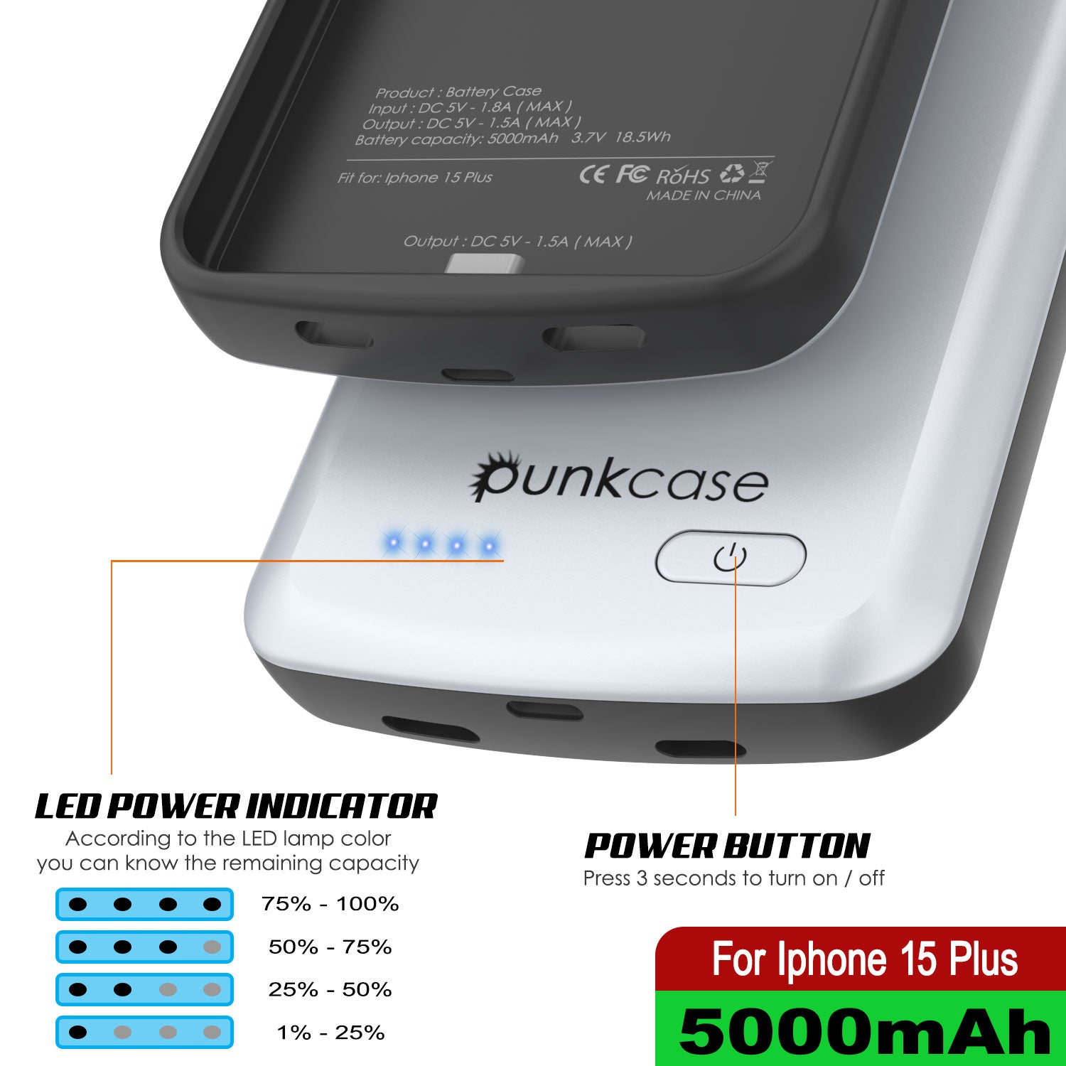 iPhone 15 Plus Battery Case, PunkJuice 5000mAH Fast Charging Power Bank W/ Screen Protector | [White]