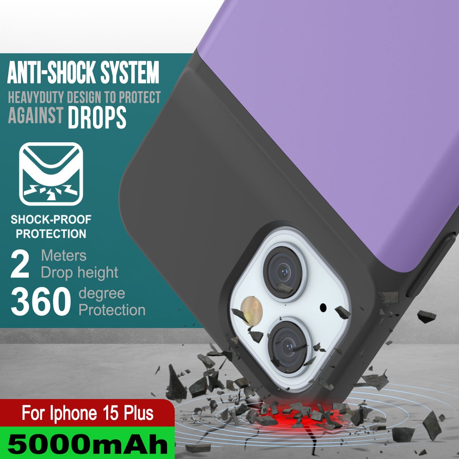 iPhone 15 Plus Battery Case, PunkJuice 5000mAH Fast Charging Power Bank W/ Screen Protector | [Purple]