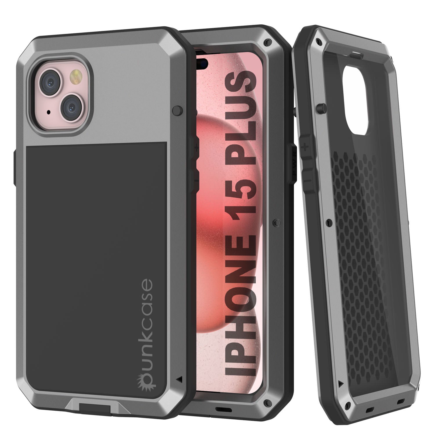 iPhone 15 Plus Metal Case, Heavy Duty Military Grade Armor Cover [shock proof] Full Body Hard [Silver]