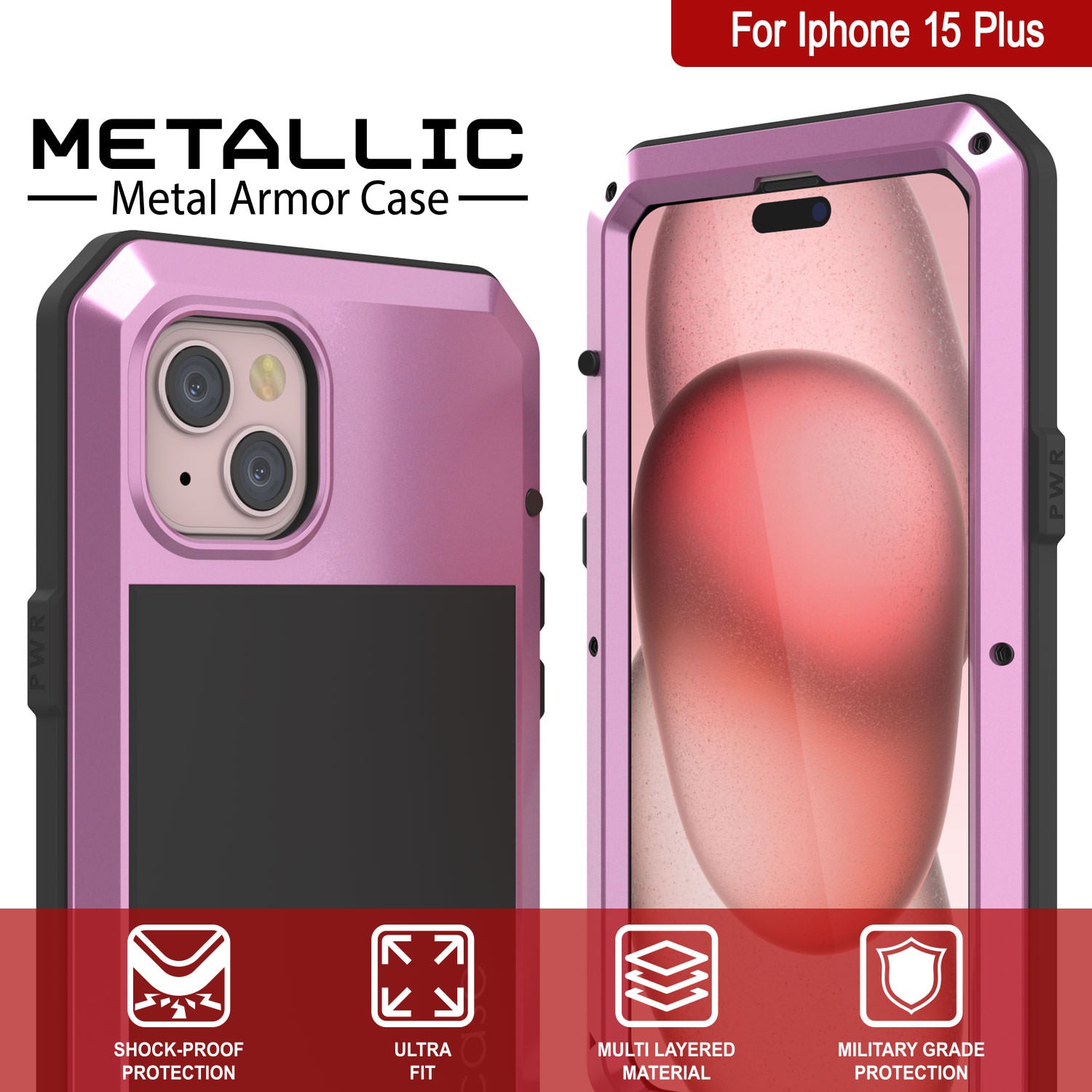 iPhone 15 Plus Metal Case, Heavy Duty Military Grade Armor Cover [shock proof] Full Body Hard [Pink]