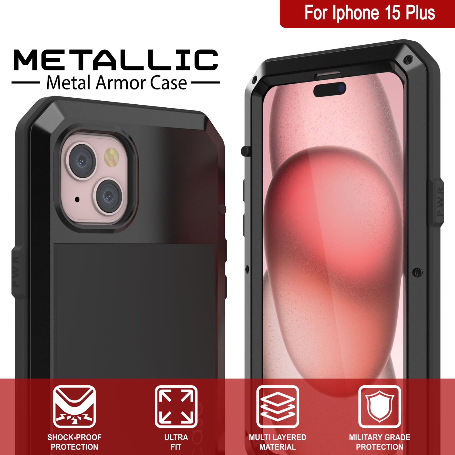 iPhone 15 Plus Metal Case, Heavy Duty Military Grade Armor Cover [shock proof] Full Body Hard [Black]