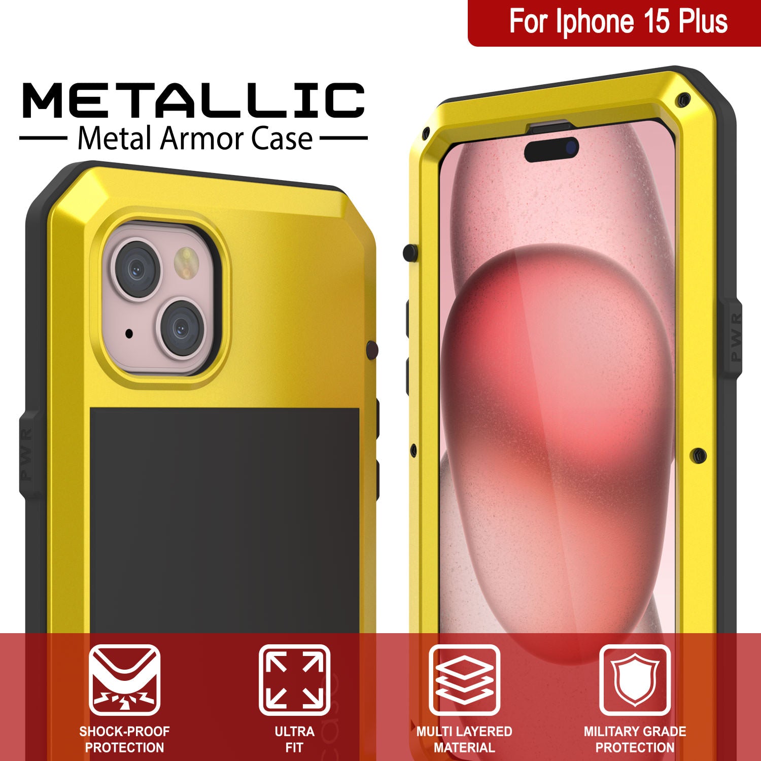 iPhone 15 Plus Metal Case, Heavy Duty Military Grade Armor Cover [shock proof] Full Body Hard [Yellow]