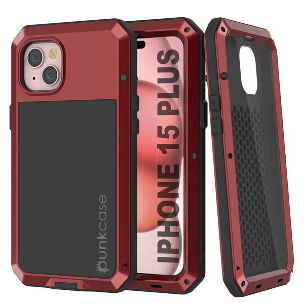 iPhone 15 Plus Metal Case, Heavy Duty Military Grade Armor Cover [shock proof] Full Body Hard [Red]