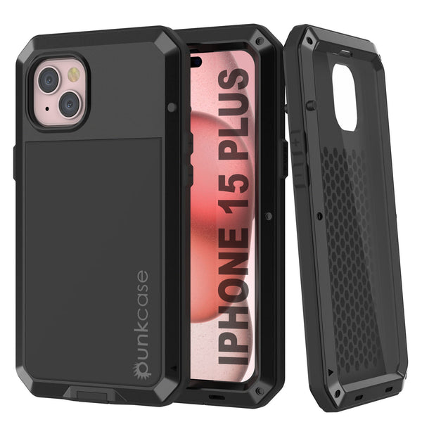 iPhone 15 Plus Metal Case, Heavy Duty Military Grade Armor Cover [shock proof] Full Body Hard [Black]