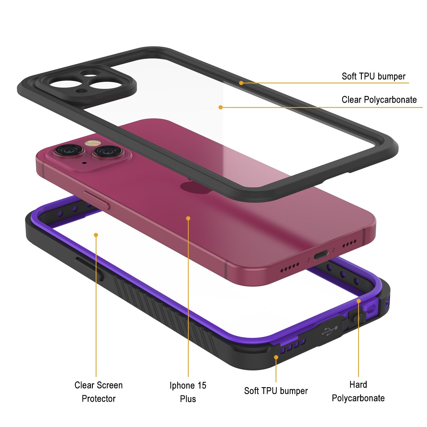 iPhone 15 Plus Waterproof Case, Punkcase [Extreme Series] Armor Cover W/ Built In Screen Protector [Purple]