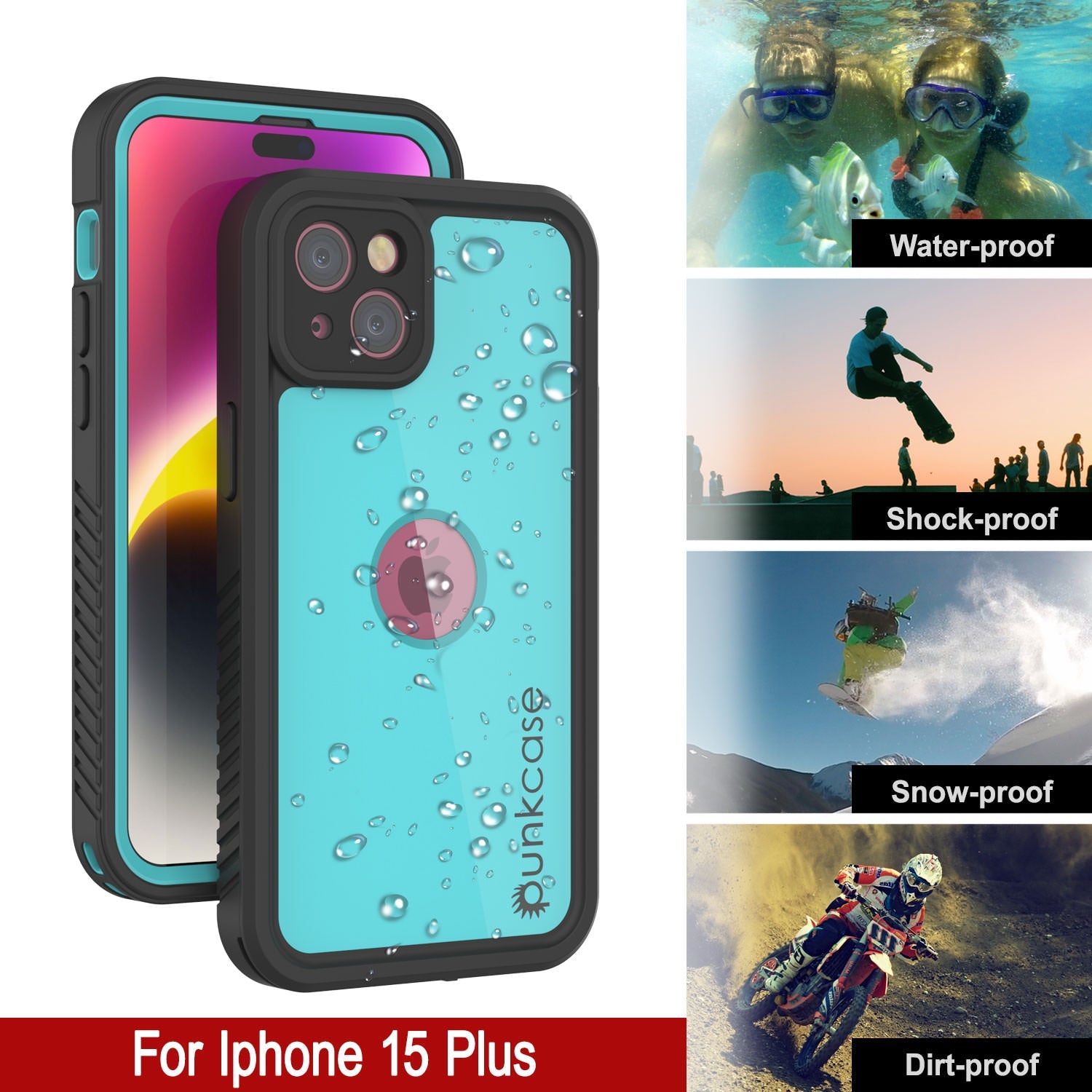 iPhone 15 Plus Waterproof IP68 Case, Punkcase [Teal] [StudStar Series] [Slim Fit]