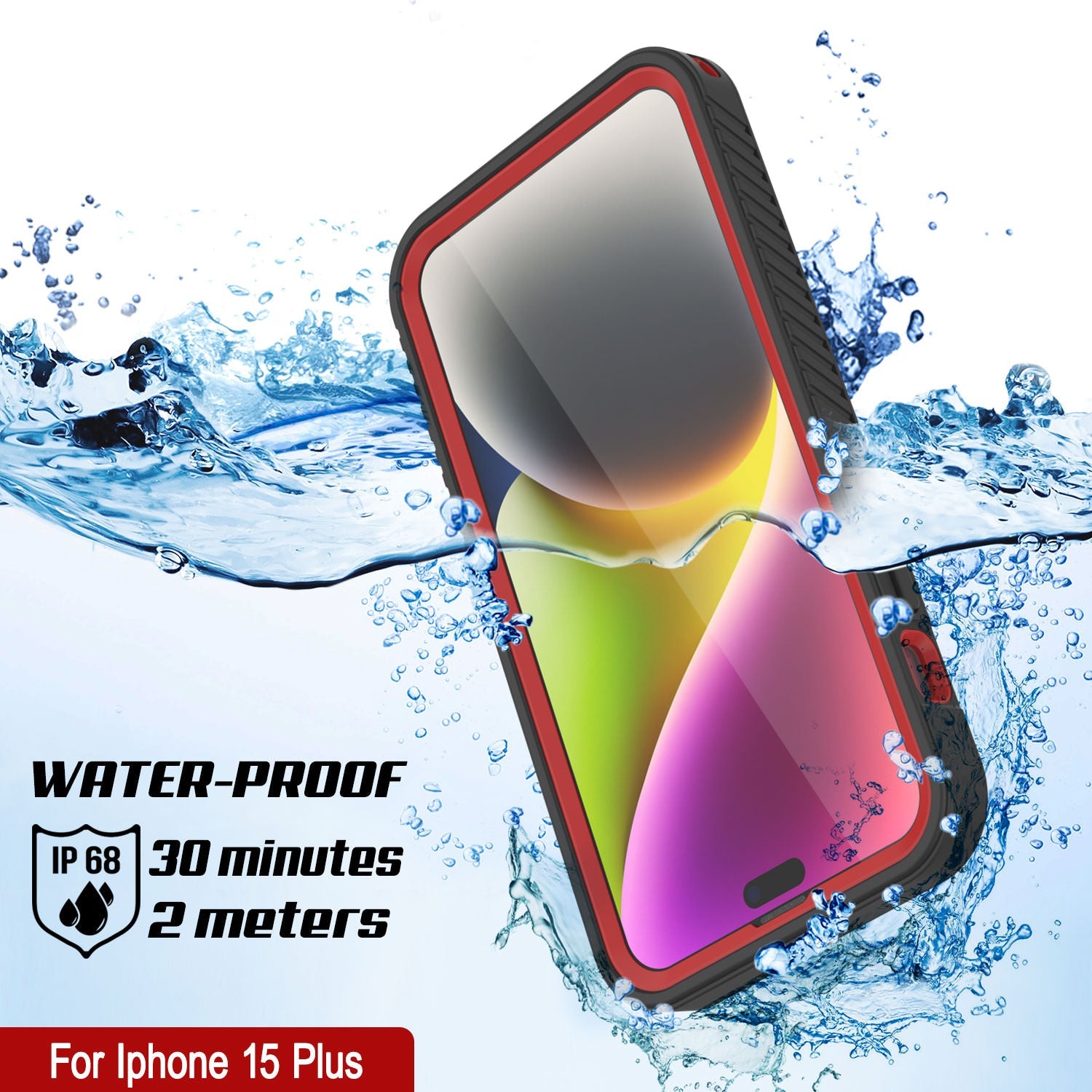 iPhone 15 Plus Waterproof IP68 Case, Punkcase [Red] [StudStar Series] [Slim Fit]