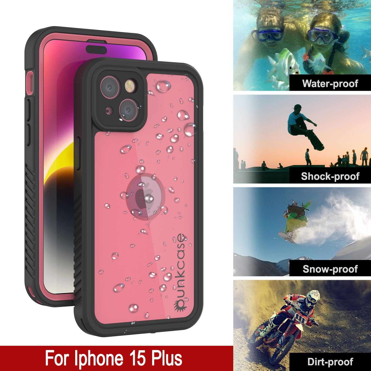 iPhone 15 Plus Waterproof IP68 Case, Punkcase [Pink] [StudStar Series] [Slim Fit] [Dirtproof]