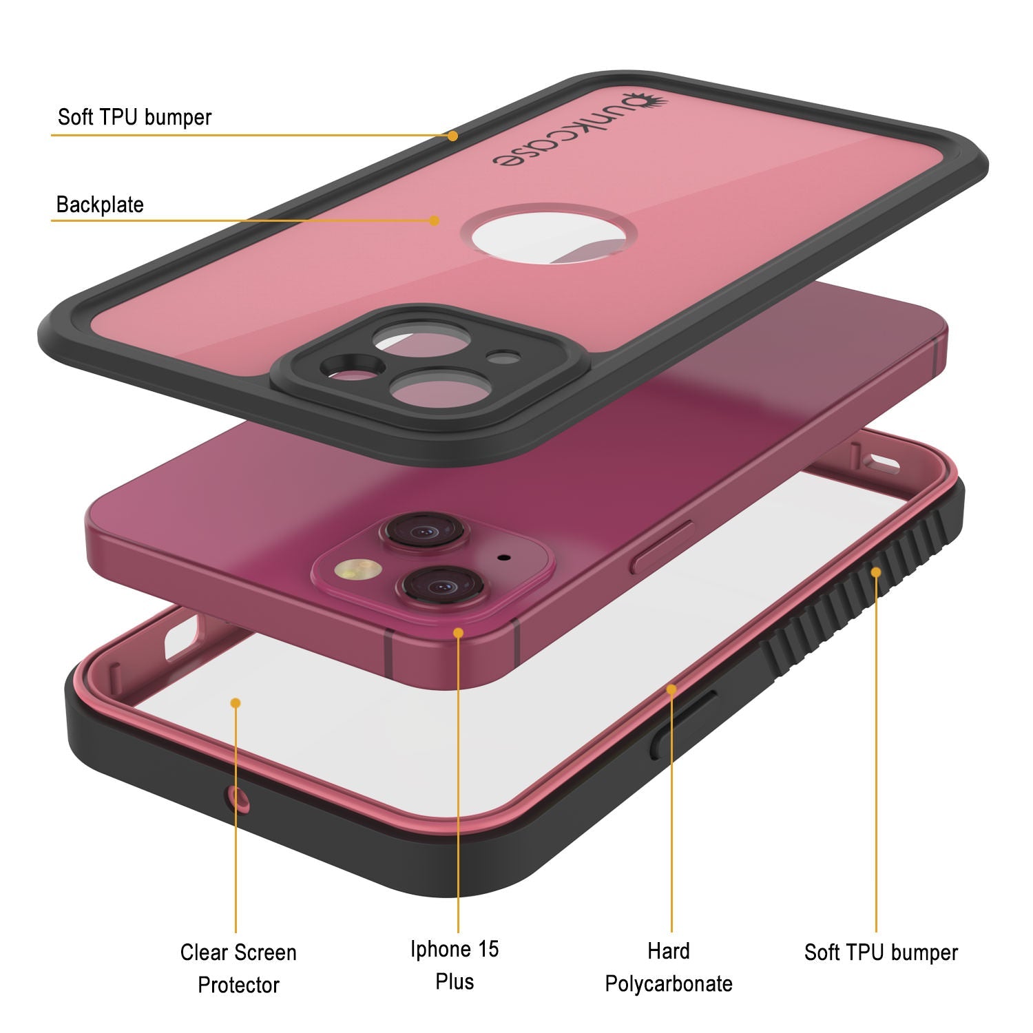 iPhone 15 Plus Waterproof IP68 Case, Punkcase [Pink] [StudStar Series] [Slim Fit] [Dirtproof]