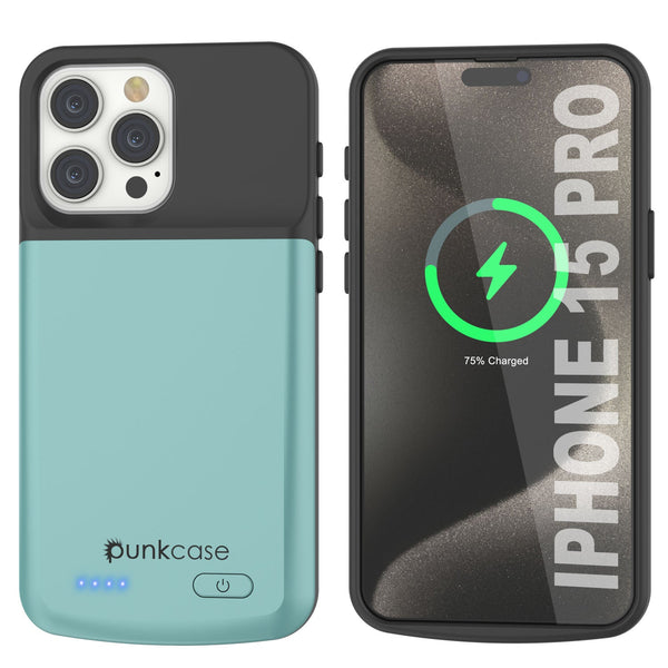 iPhone 15 Pro Battery Case, PunkJuice 5000mAH Fast Charging Power Bank W/ Screen Protector | [Teal]