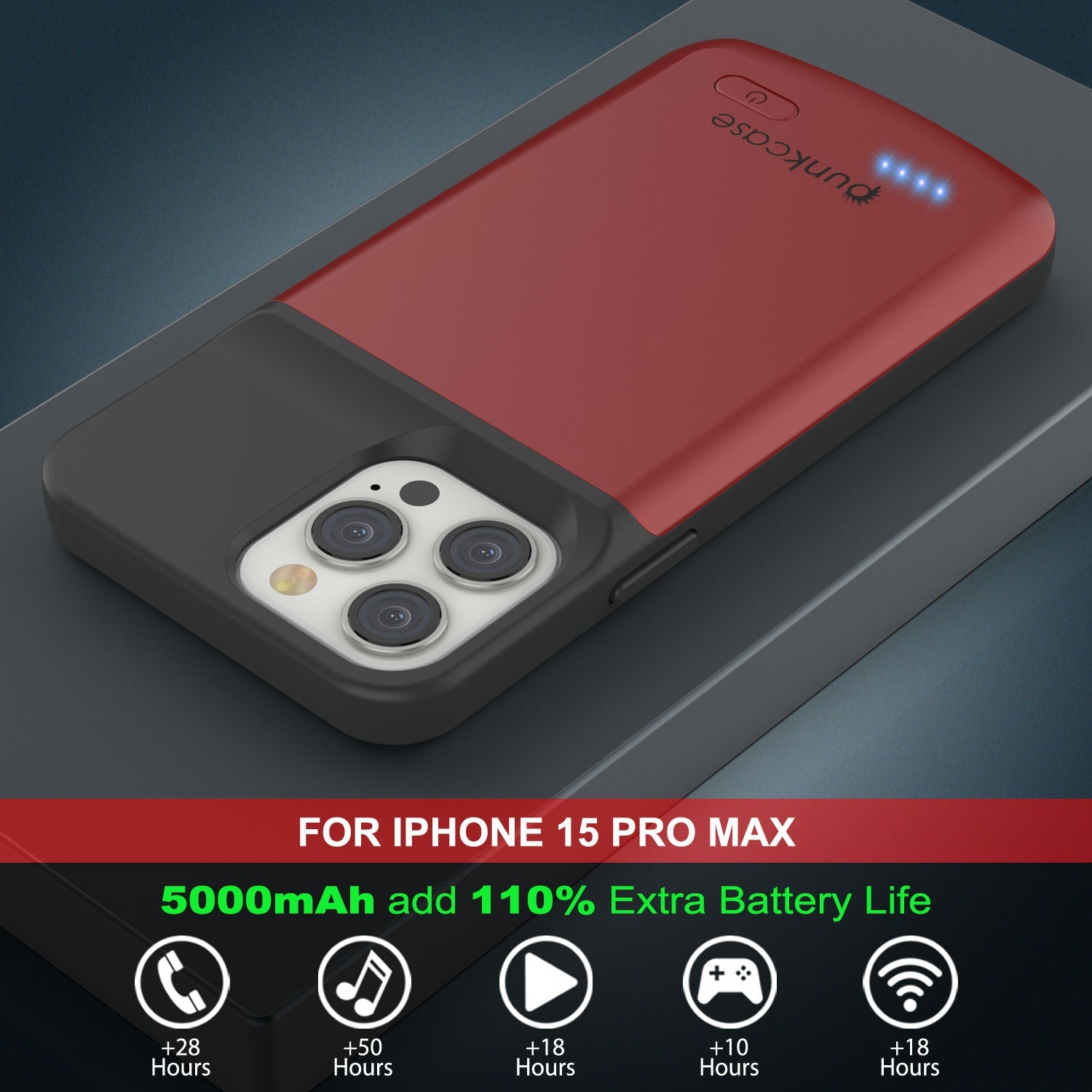 iPhone 15 Pro Max Battery Case, PunkJuice 5000mAH Fast Charging Power Bank W/ Screen Protector | [Red]