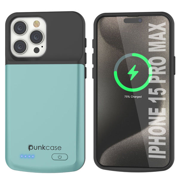 iPhone 15 Pro Max Battery Case, PunkJuice 5000mAH Fast Charging Power Bank W/ Screen Protector | [Teal]