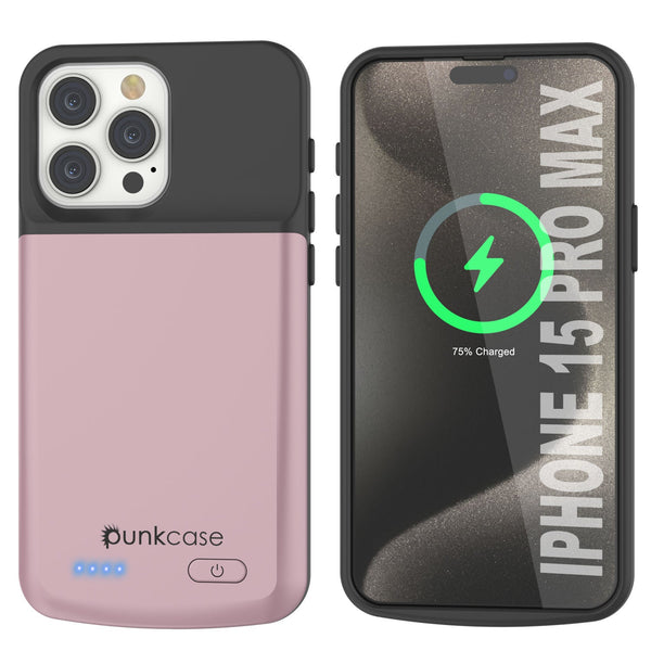 iPhone 15 Pro Max Battery Case, PunkJuice 5000mAH Fast Charging Power Bank W/ Screen Protector | [Rose-Gold]