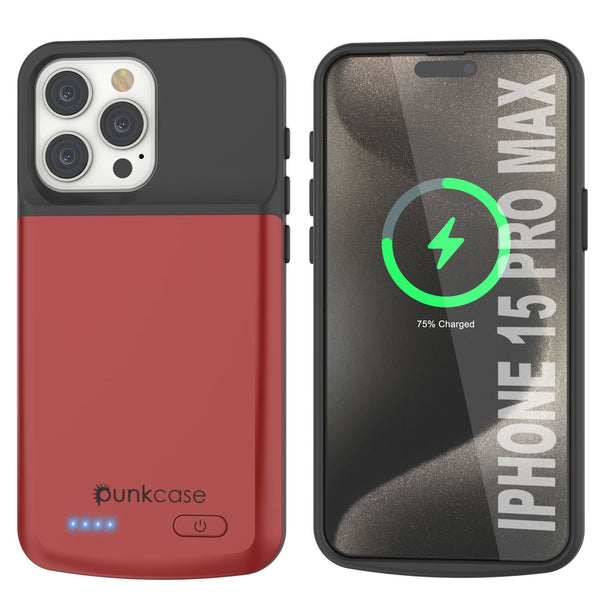 iPhone 15 Pro Max Battery Case, PunkJuice 5000mAH Fast Charging Power Bank W/ Screen Protector | [Red]