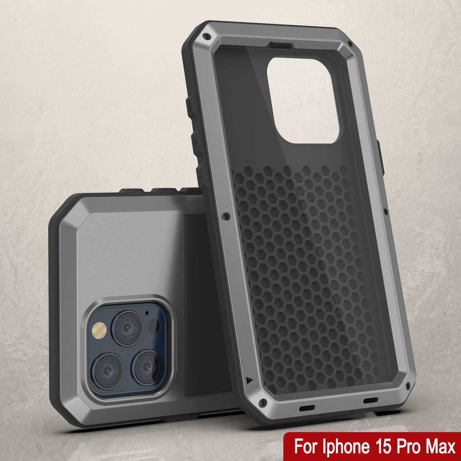 iPhone 15 Pro Max Metal Case, Heavy Duty Military Grade Armor Cover [shock proof] Full Body Hard [Silver]