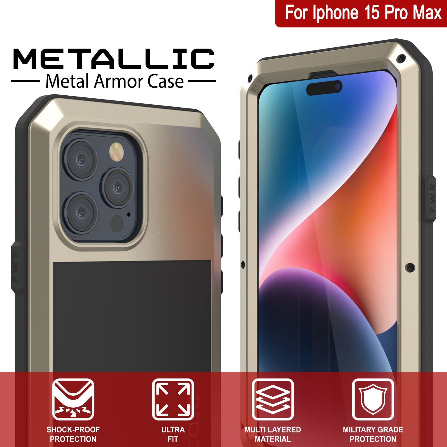 iPhone 15 Pro Max Metal Case, Heavy Duty Military Grade Armor Cover [shock proof] Full Body Hard [Gold]