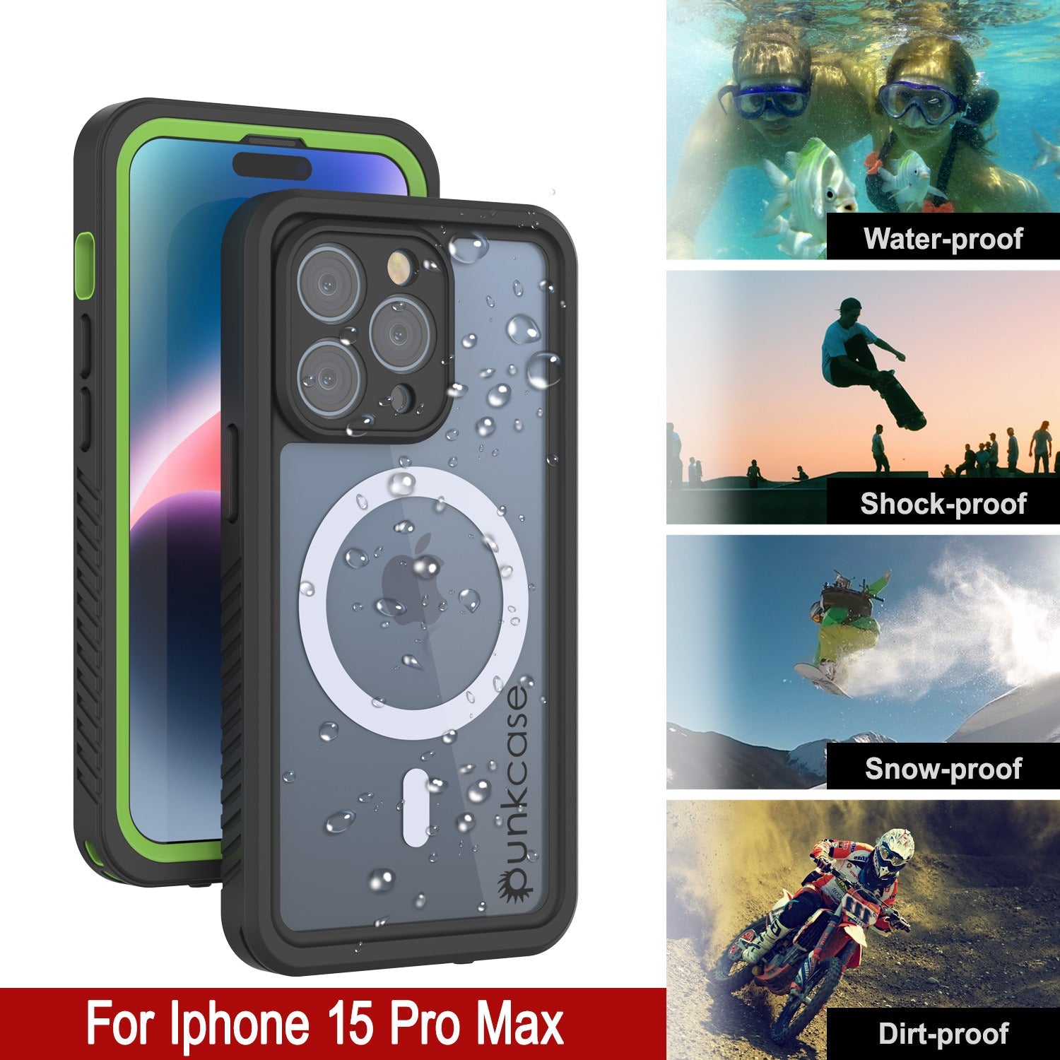 Products iPhone 15 Pro Max Waterproof Case, Punkcase [Extreme Series] Armor Cover W/ Built In Screen Protector [Light Green]