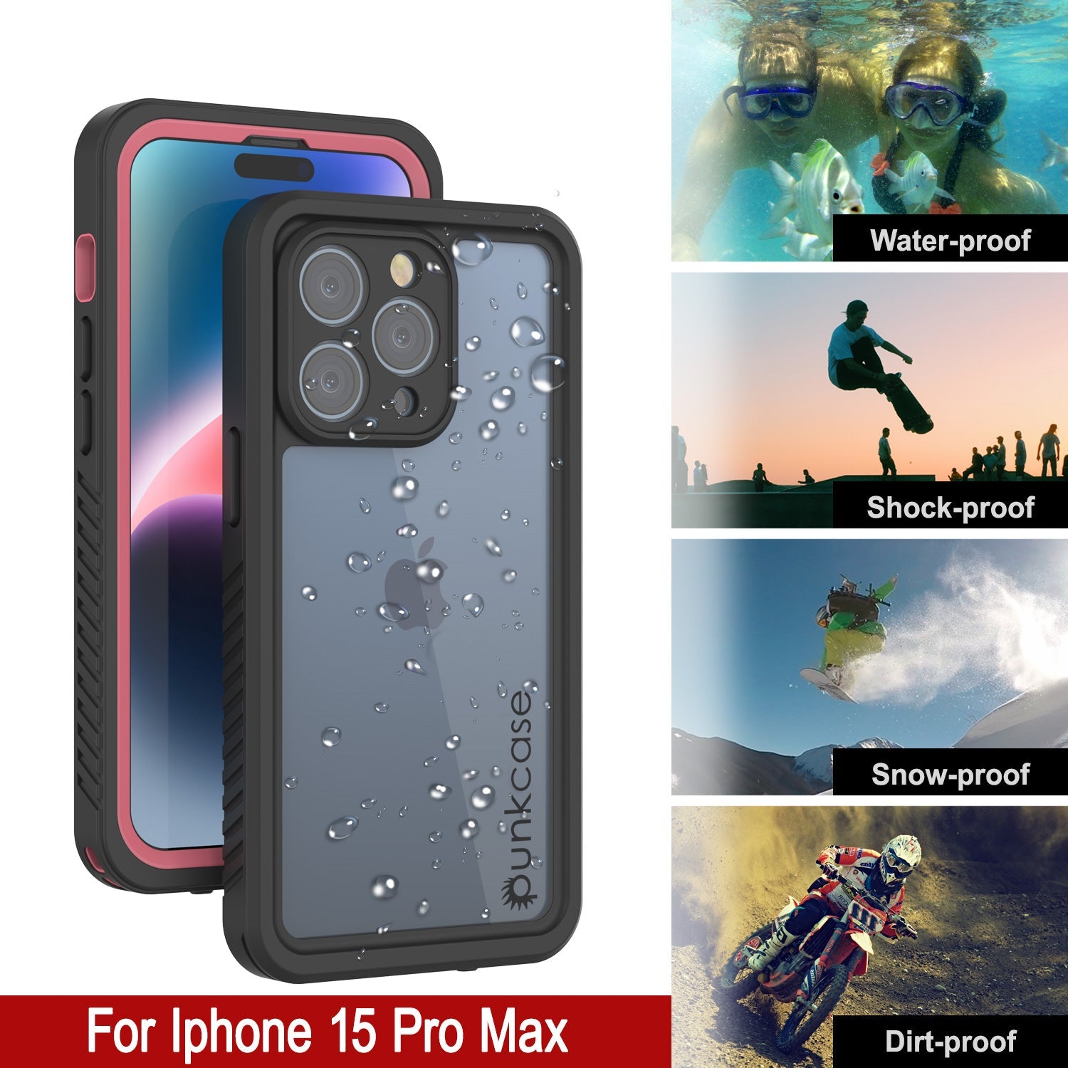iPhone 15 Pro Max Waterproof Case, Punkcase [Extreme Series] Armor Cover W/ Built In Screen Protector [Pink]