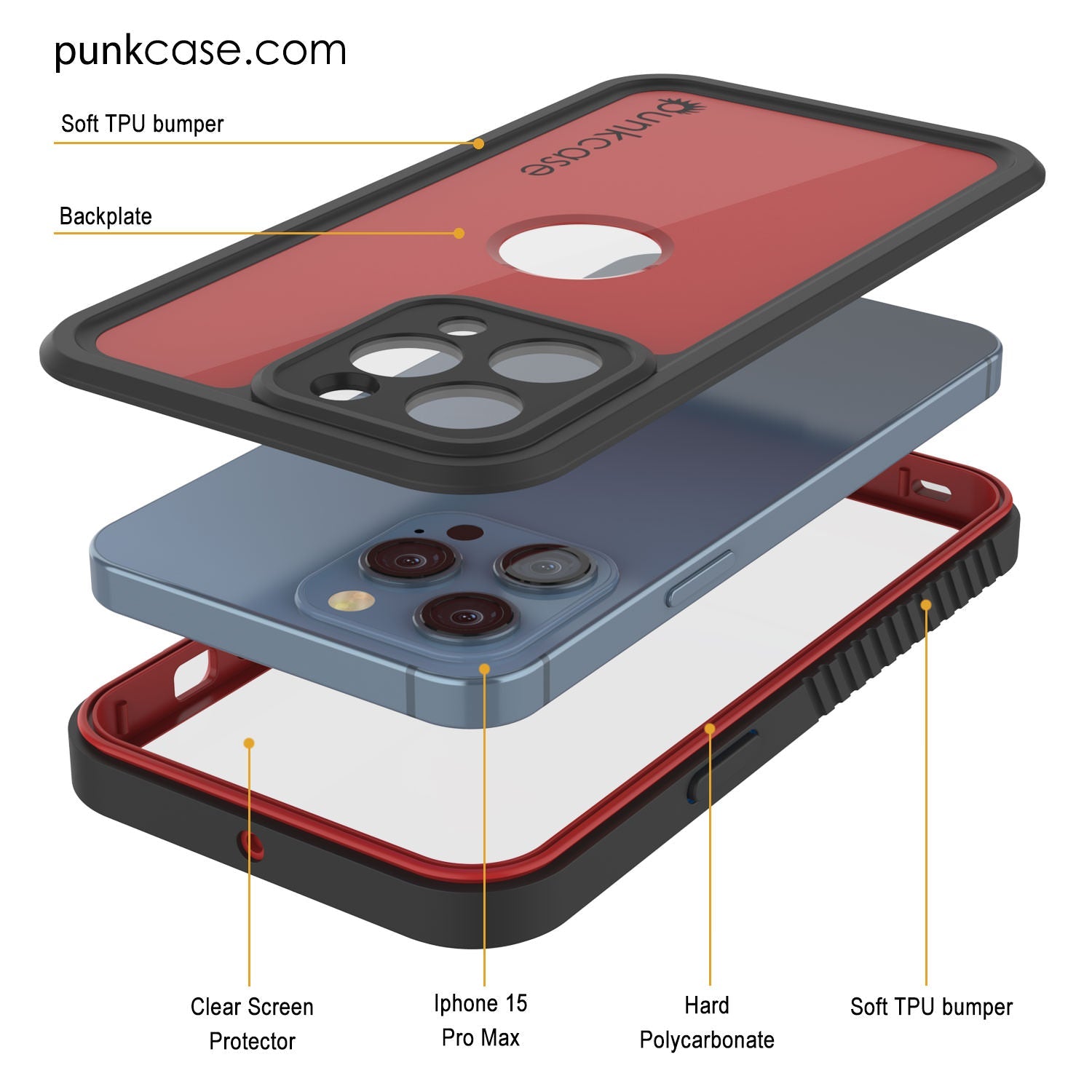 iPhone 15 Pro Max Waterproof IP68 Case, Punkcase [Red] [StudStar Series] [Slim Fit]
