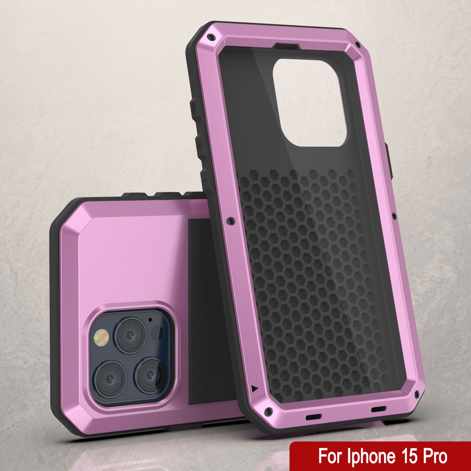 iPhone 15 Pro Metal Case, Heavy Duty Military Grade Armor Cover [shock proof] Full Body Hard [Pink]