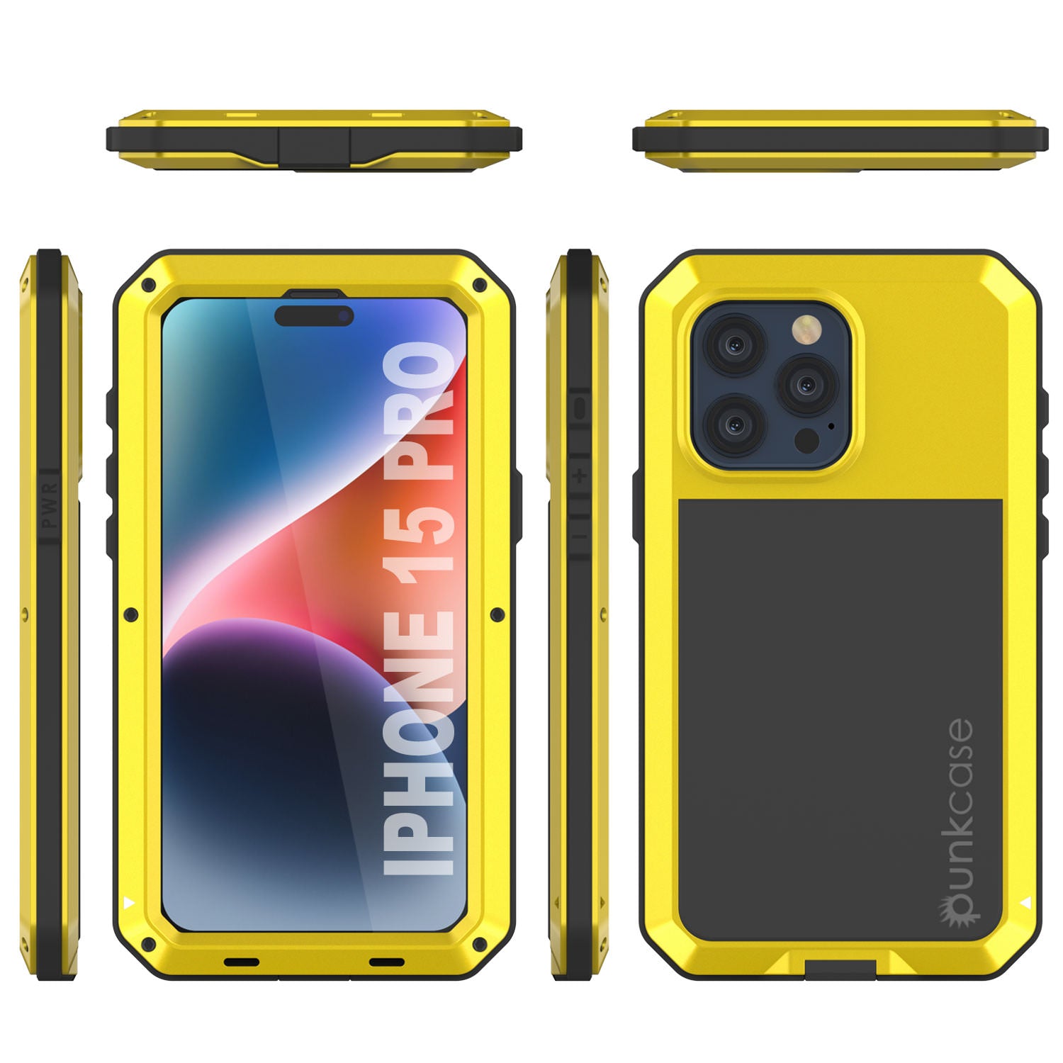 iPhone 15 Pro Metal Case, Heavy Duty Military Grade Armor Cover [shock proof] Full Body Hard [Yellow]