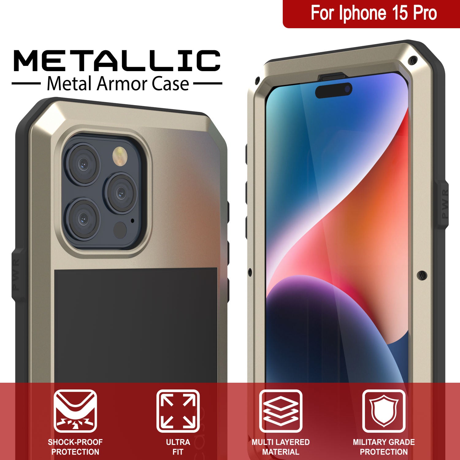 iPhone 15 Pro Metal Case, Heavy Duty Military Grade Armor Cover [shock proof] Full Body Hard [Gold]