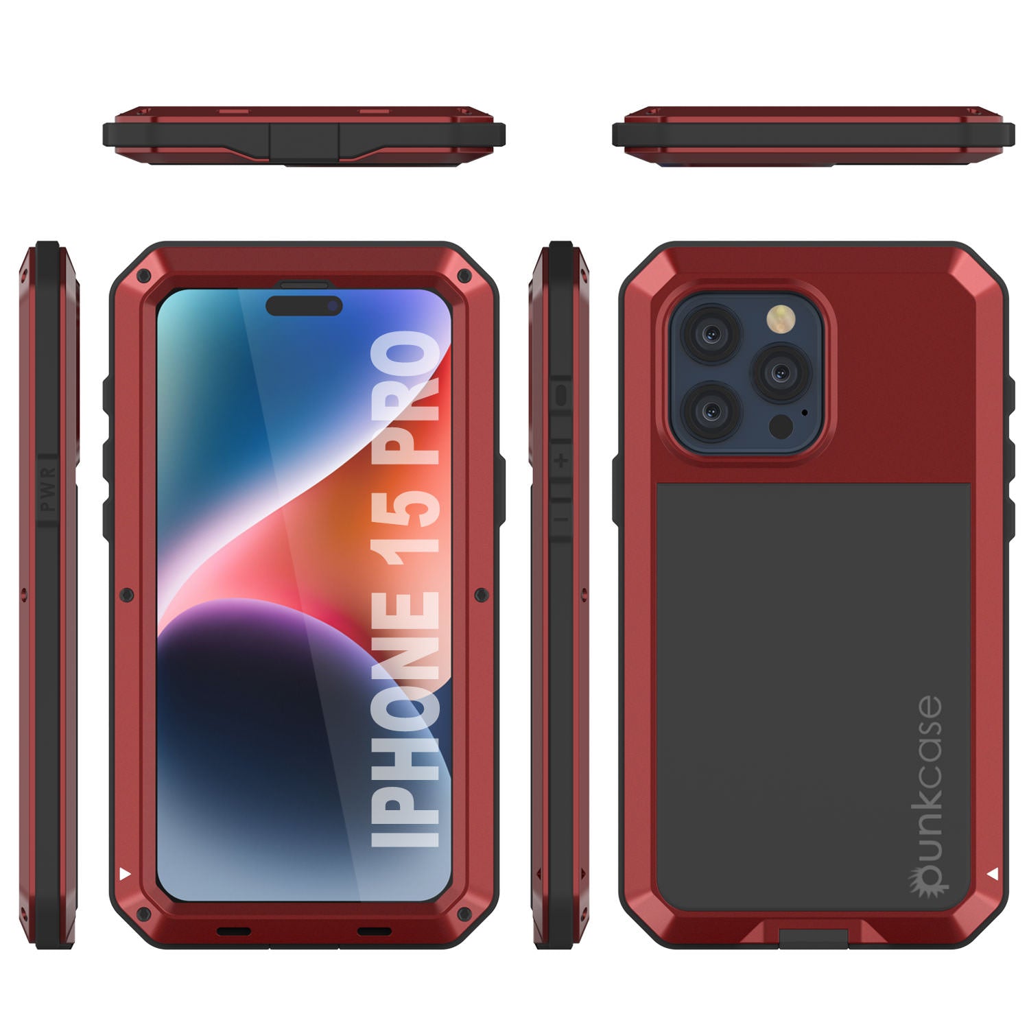 iPhone 15 Pro Metal Case, Heavy Duty Military Grade Armor Cover [shock proof] Full Body Hard [Red]