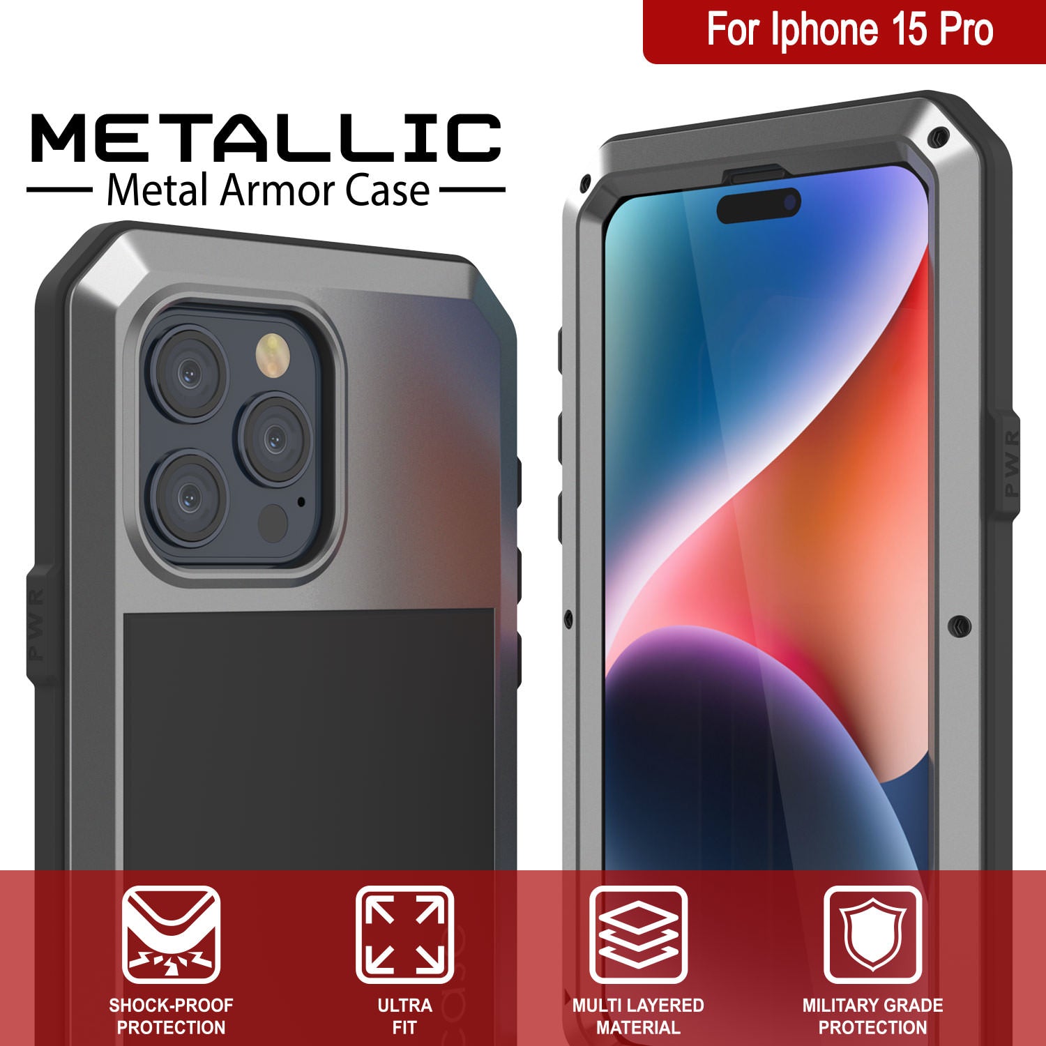 iPhone 15 Pro Metal Case, Heavy Duty Military Grade Armor Cover [shock proof] Full Body Hard [Silver]