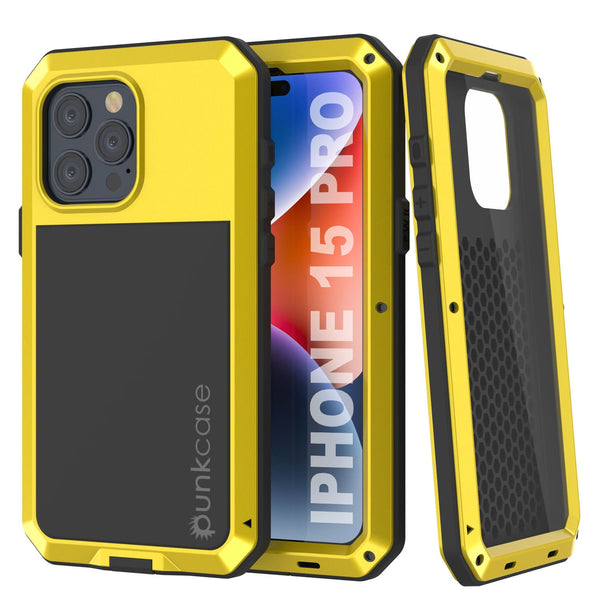 iPhone 15 Pro Metal Case, Heavy Duty Military Grade Armor Cover [shock proof] Full Body Hard [Yellow]