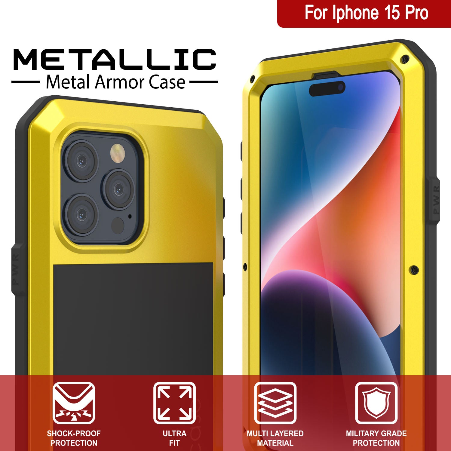 iPhone 15 Pro Metal Case, Heavy Duty Military Grade Armor Cover [shock proof] Full Body Hard [Yellow]