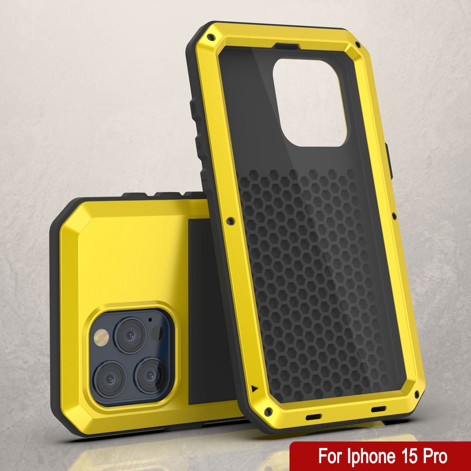 iPhone 15 Pro Metal Case, Heavy Duty Military Grade Armor Cover [shock proof] Full Body Hard [Yellow]