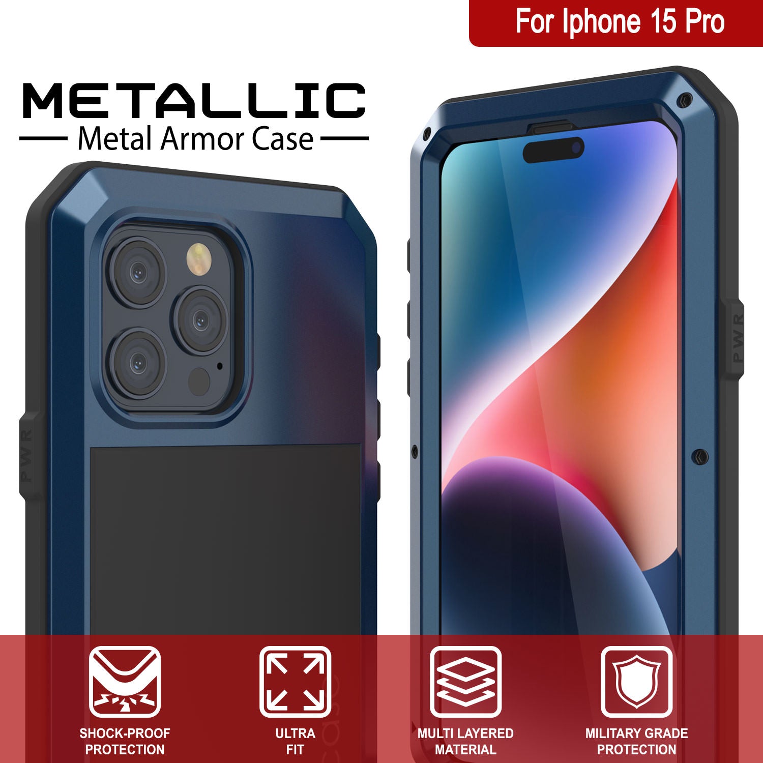 iPhone 15 Pro Metal Case, Heavy Duty Military Grade Armor Cover [shock proof] Full Body Hard [Blue]