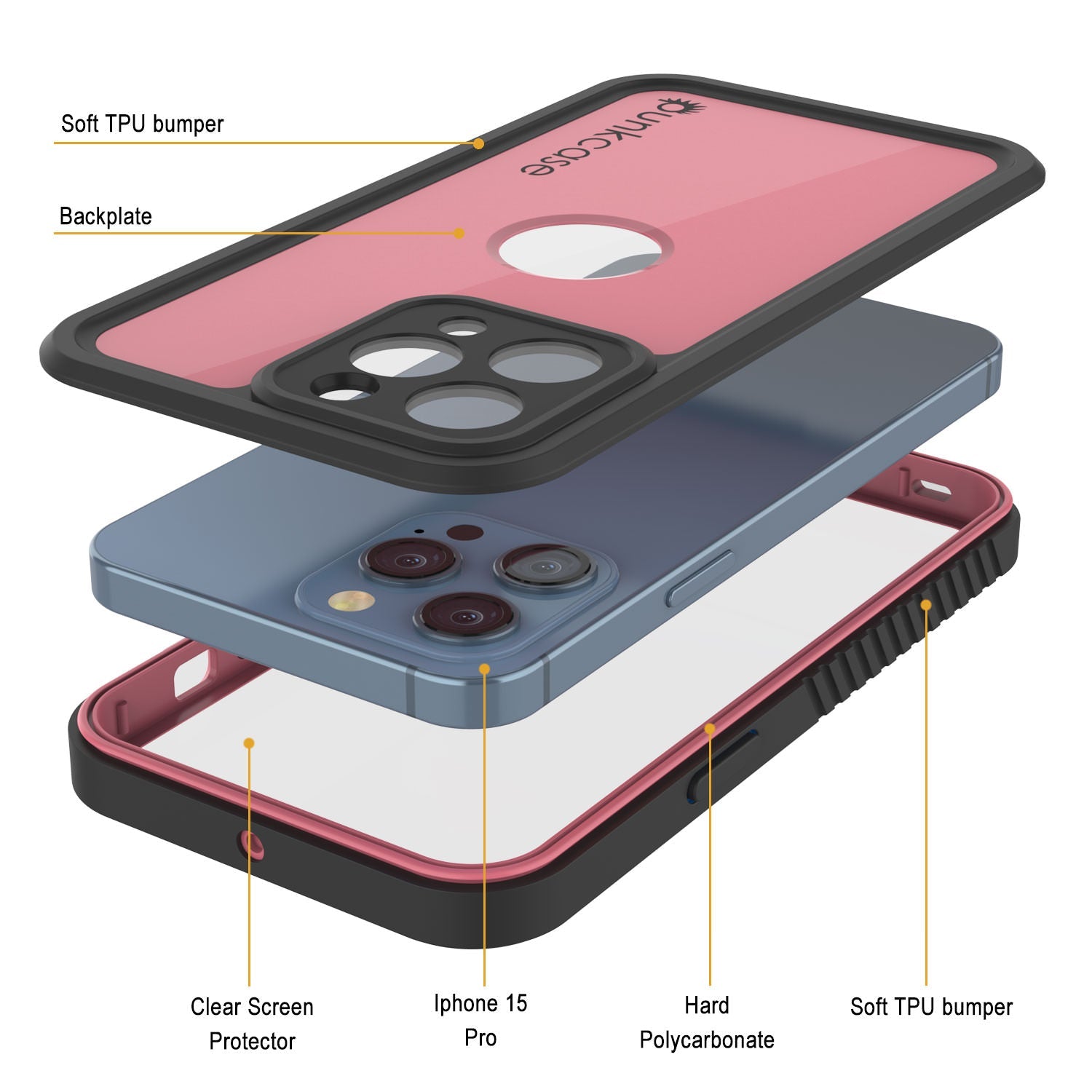 iPhone 15 Pro Waterproof IP68 Case, Punkcase [Pink] [StudStar Series] [Slim Fit] [Dirtproof]