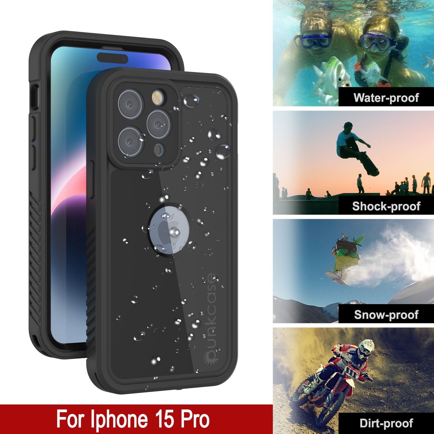 iPhone 15 Pro Waterproof IP68 Case, Punkcase [Black] [StudStar Series] [Slim Fit]