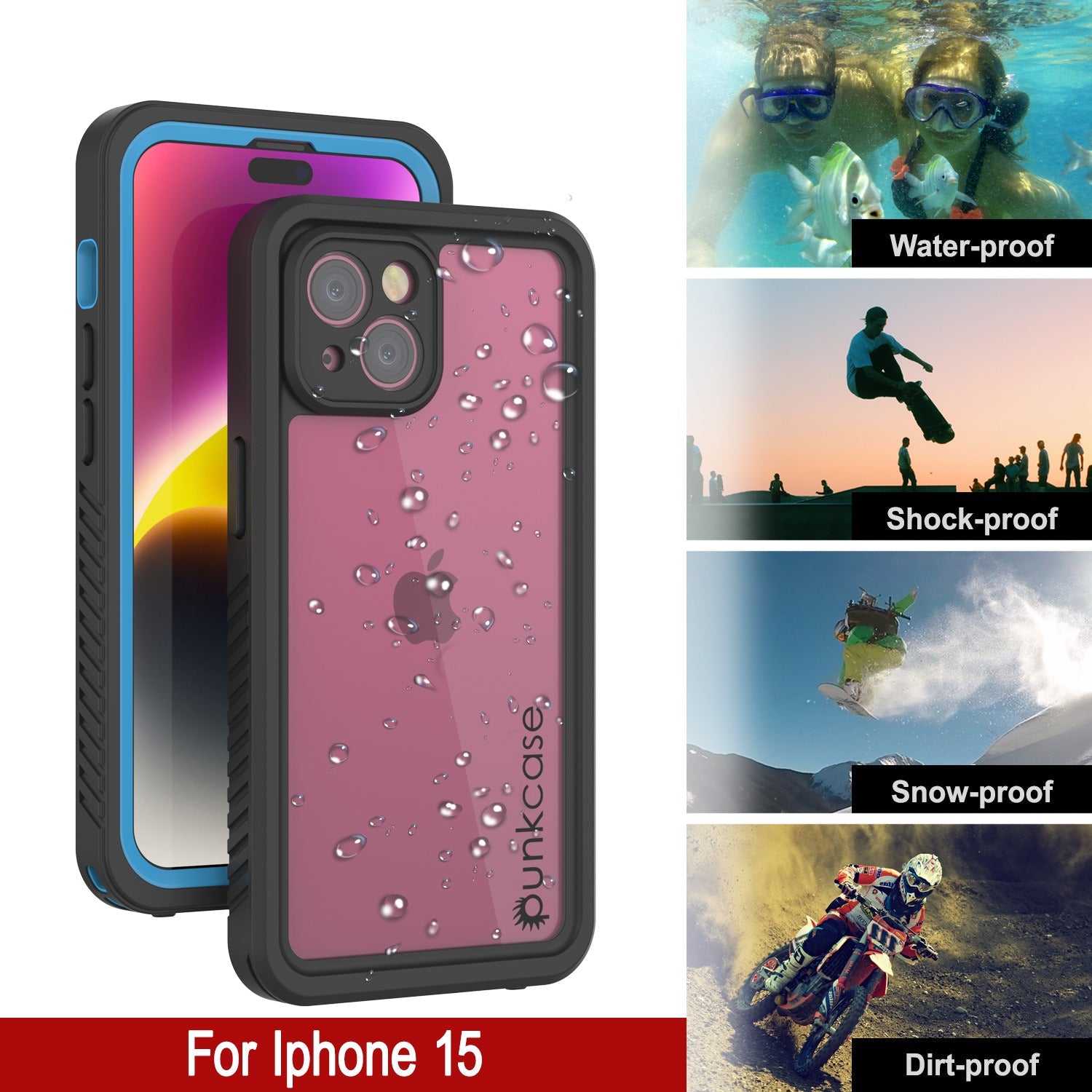 iPhone 15  Waterproof Case, Punkcase [Extreme Series] Armor Cover W/ Built In Screen Protector [Light Blue]