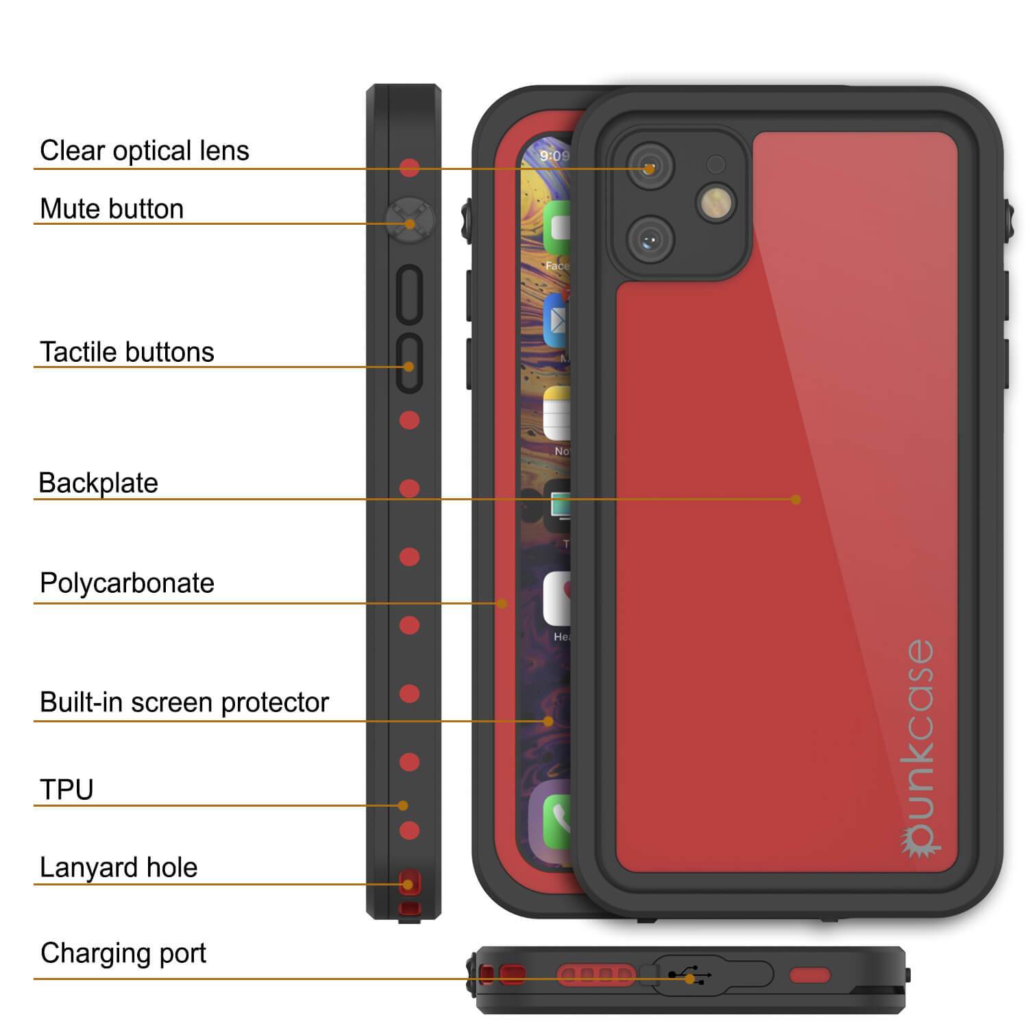 iPhone 11 Waterproof IP68 Case, Punkcase [Red] [StudStar Series] [Slim Fit]