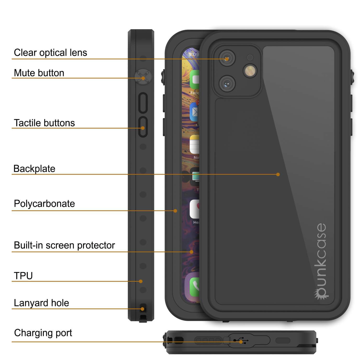 iPhone 11 Waterproof IP68 Case, Punkcase [Black] [StudStar Series] [Slim Fit]