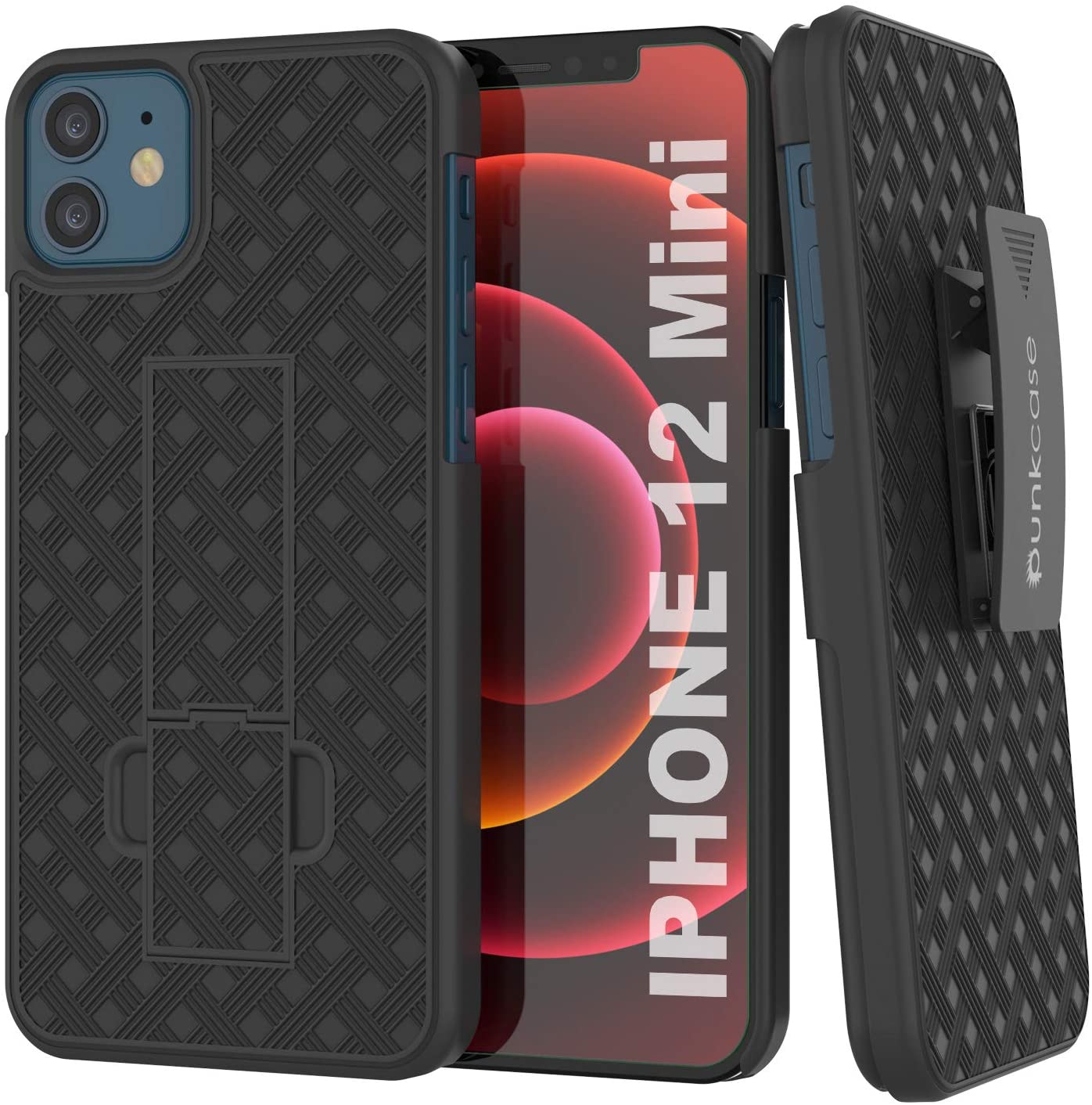 Punkcase iPhone 12 Mini Case With Tempered Glass Screen Protector, Holster Belt Clip & Built-In Kickstand [Black]