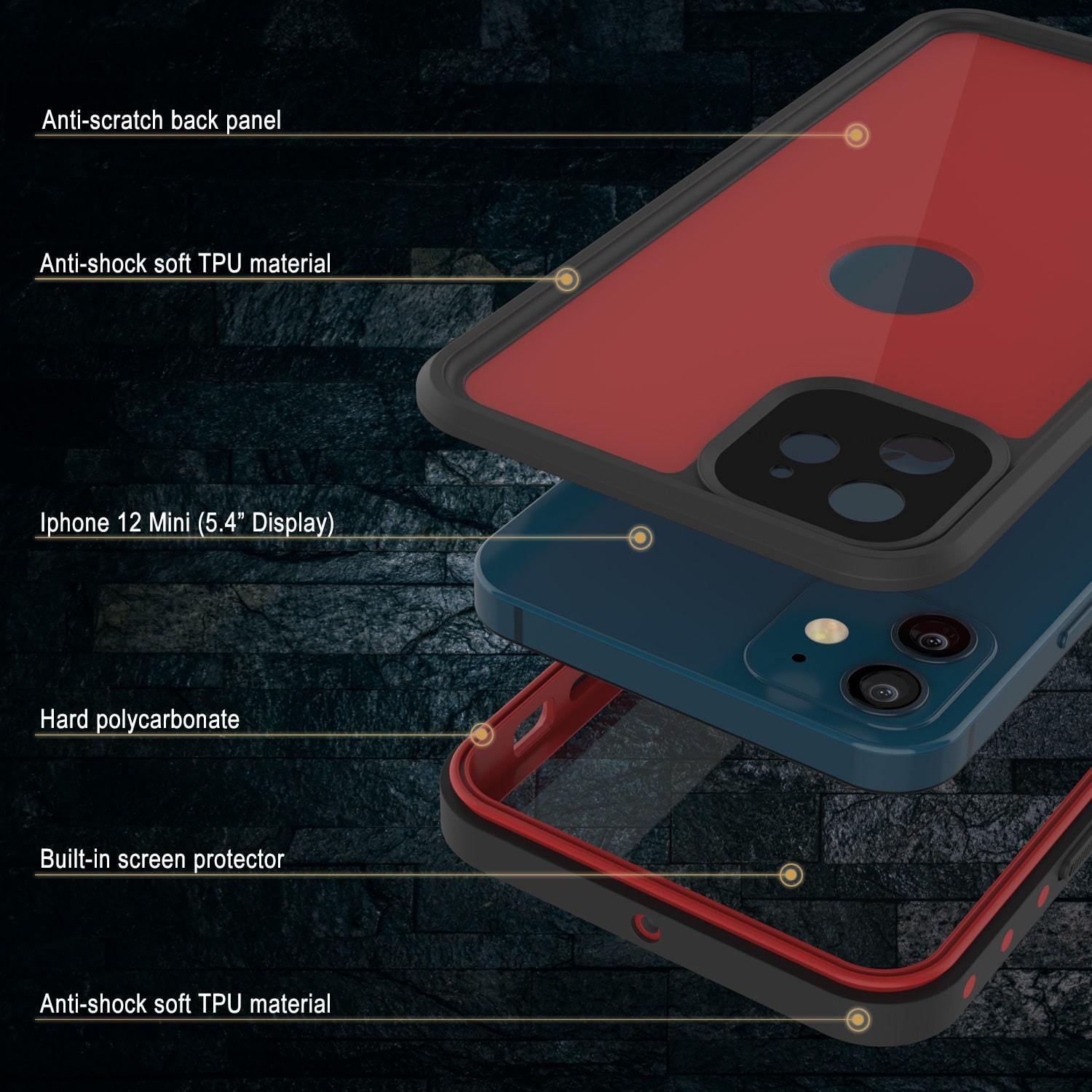 iPhone 12 Mini Waterproof IP68 Case, Punkcase [Red] [StudStar Series] [Slim Fit]