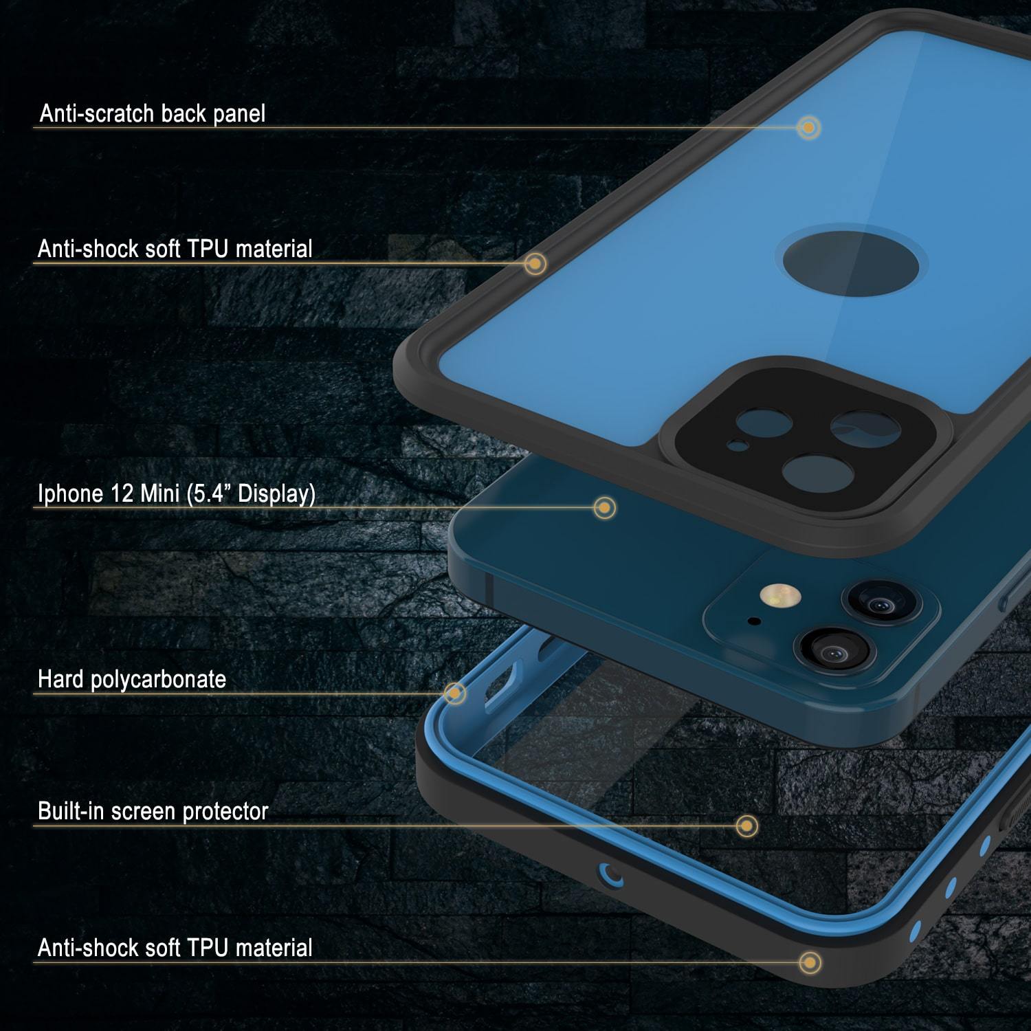 iPhone 12 Mini Waterproof IP68 Case, Punkcase [Light blue] [StudStar Series] [Slim Fit] [Dirtproof]
