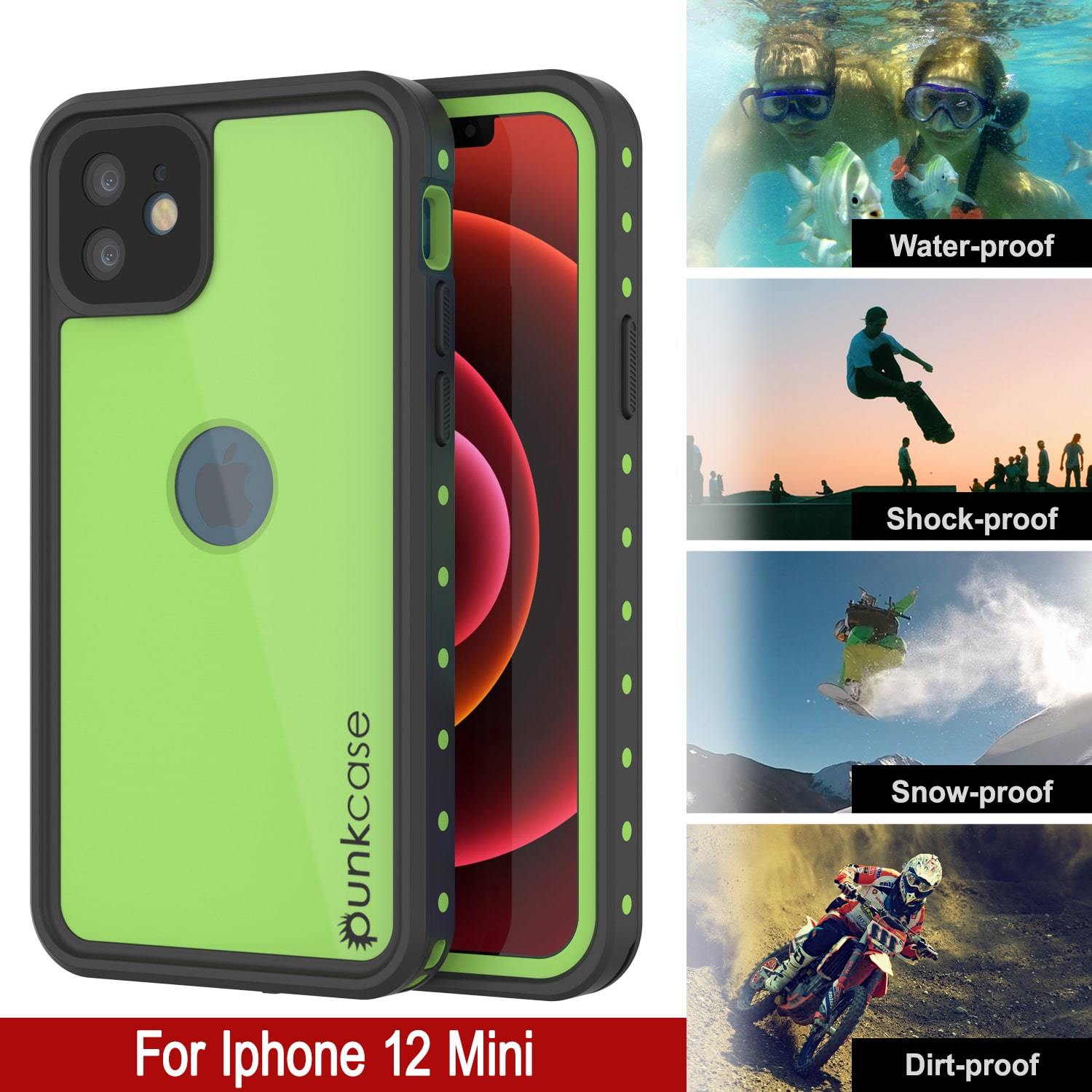 iPhone 12 Mini Waterproof IP68 Case, Punkcase [Light green] [StudStar Series] [Slim Fit] [Dirtproof]