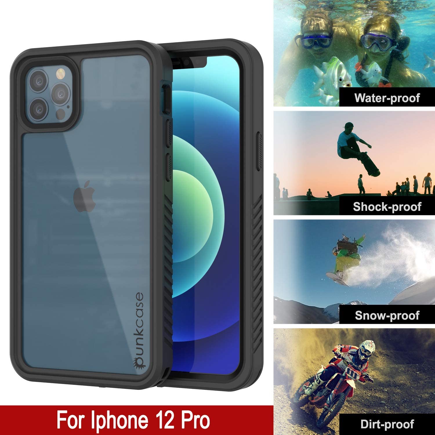 iPhone 12 Pro Waterproof Case, Punkcase [Extreme Series] Armor Cover W/ Built In Screen Protector [Black]