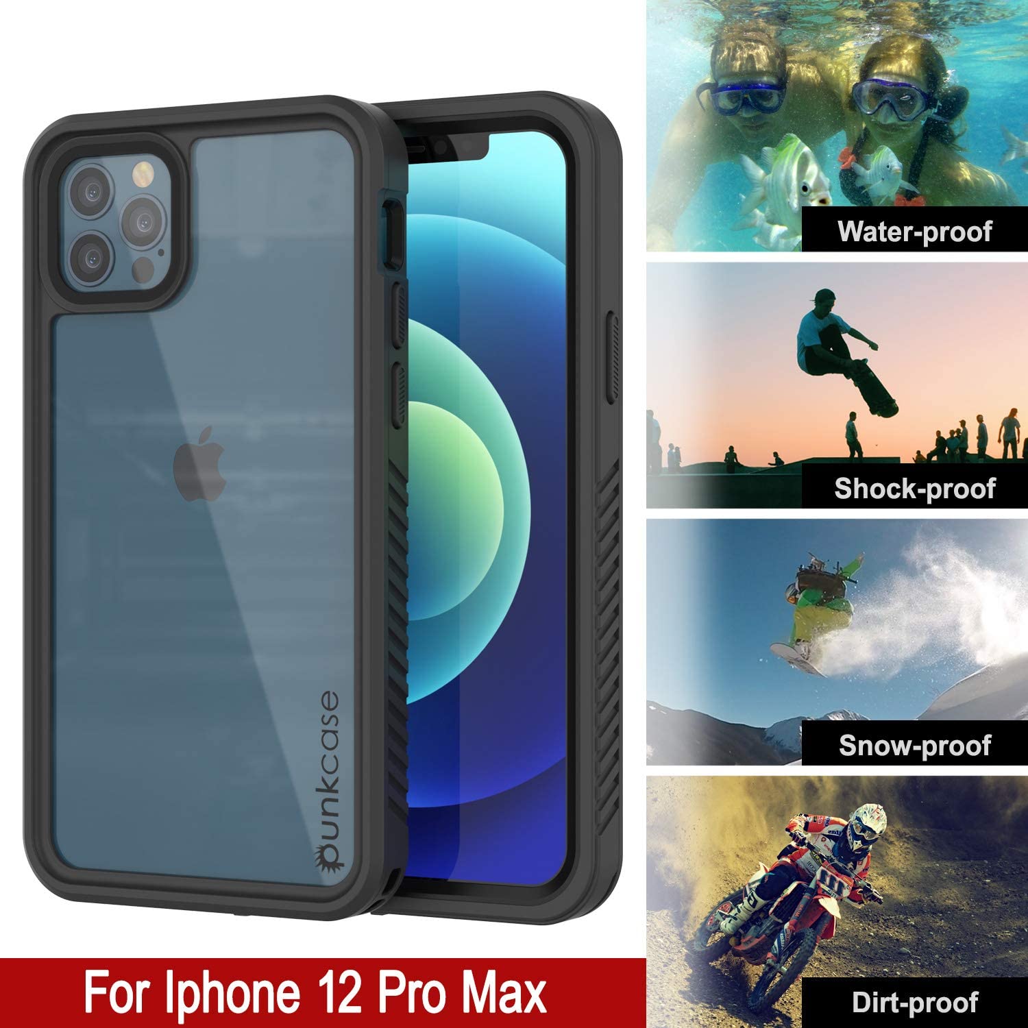 iPhone 12 Pro Max Waterproof Case, Punkcase [Extreme Series] Armor Cover W/ Built In Screen Protector [Black]