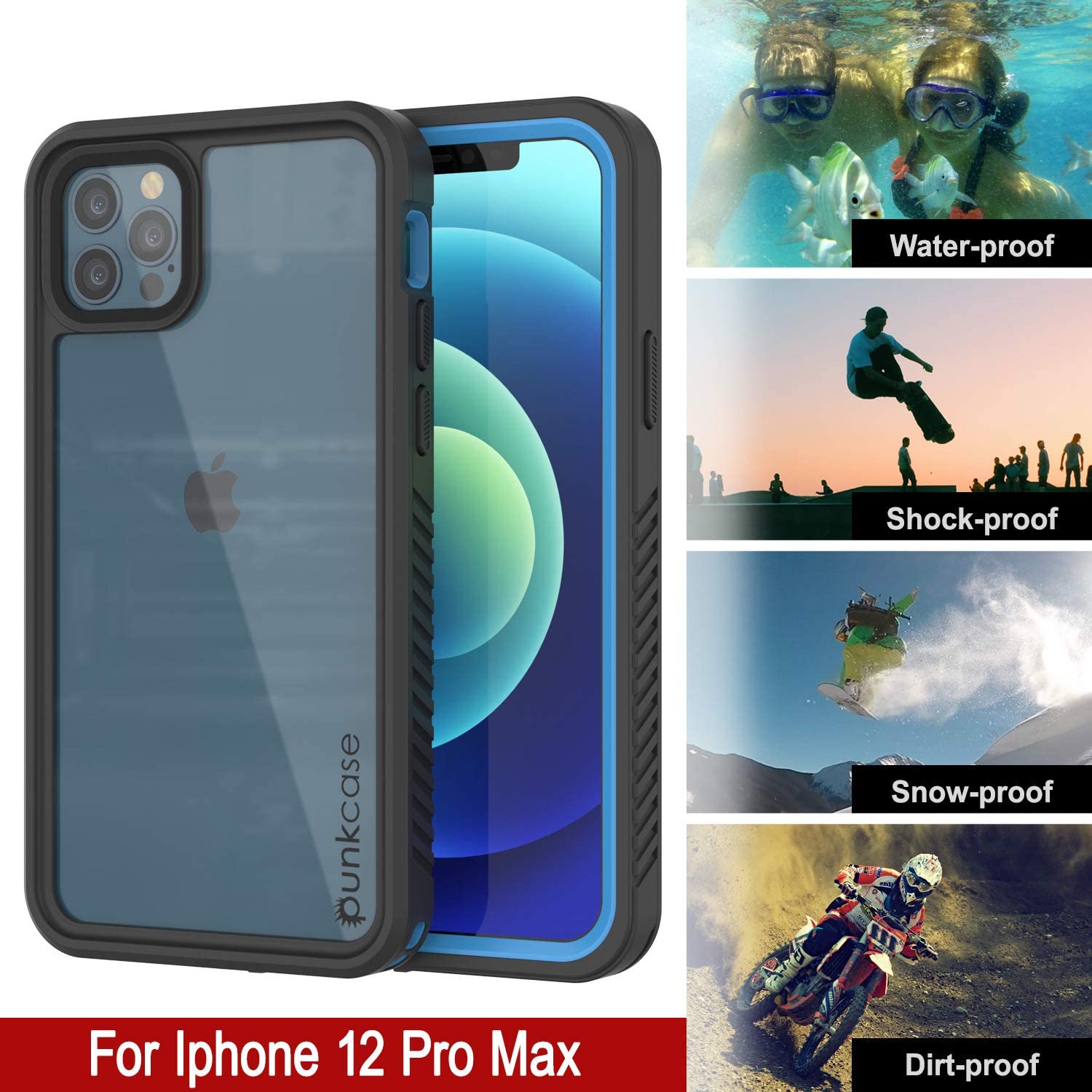 iPhone 12 Pro Max Waterproof Case, Punkcase [Extreme Series] Armor Cover W/ Built In Screen Protector [Light Blue]
