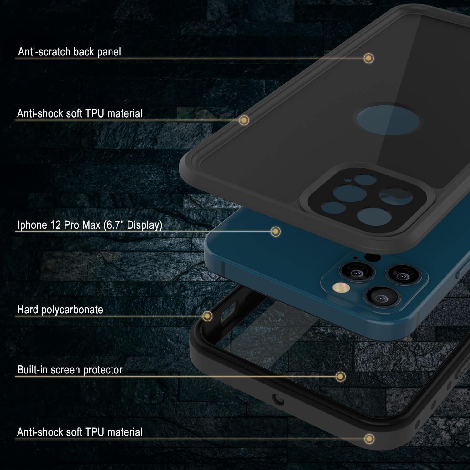 iPhone 12 Pro Max Waterproof IP68 Case, Punkcase [Black] [StudStar Series] [Slim Fit]