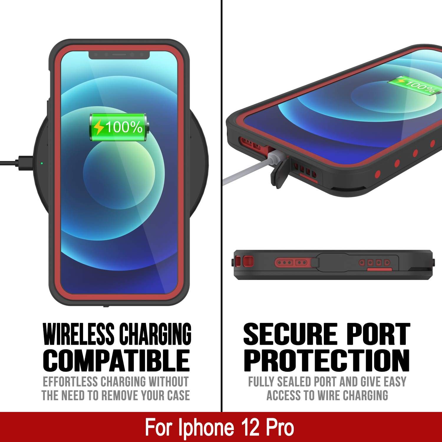 iPhone 12 Pro Waterproof IP68 Case, Punkcase [Red] [StudStar Series] [Slim Fit]