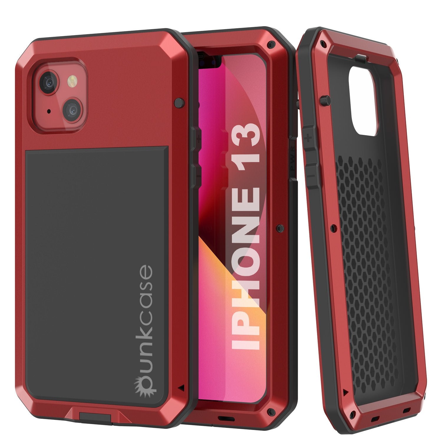 iPhone 13 Metal Case, Heavy Duty Military Grade Armor Cover [shock proof] Full Body Hard [Red]