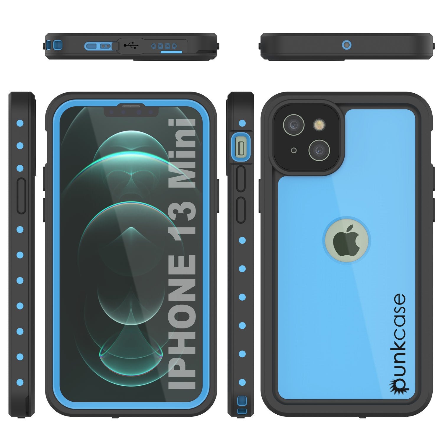 iPhone 13 Mini Waterproof IP68 Case, Punkcase [Light blue] [StudStar Series] [Slim Fit] [Dirtproof]