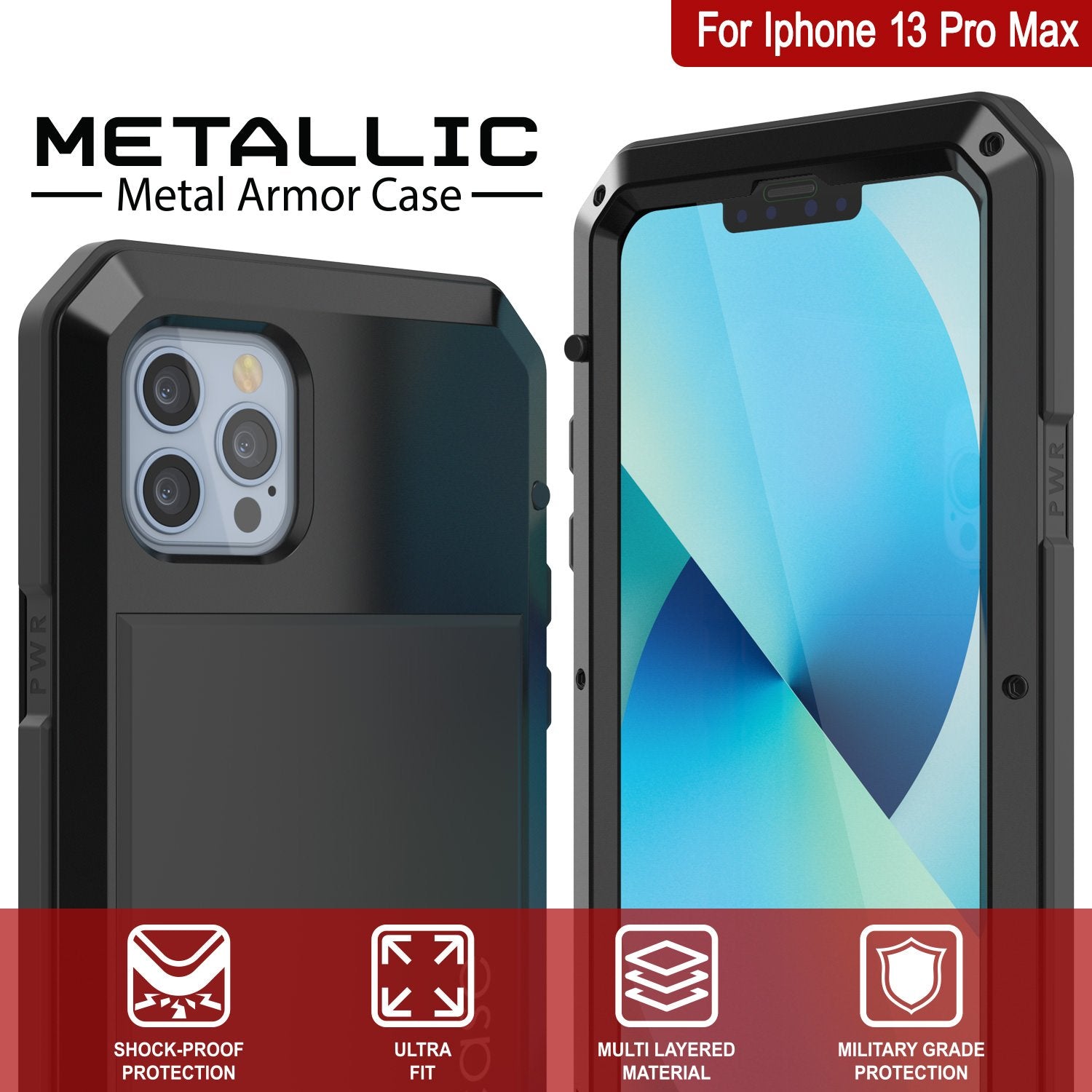 iPhone 13 Pro Max Metal Case, Heavy Duty Military Grade Armor Cover [shock proof] Full Body Hard [Black]